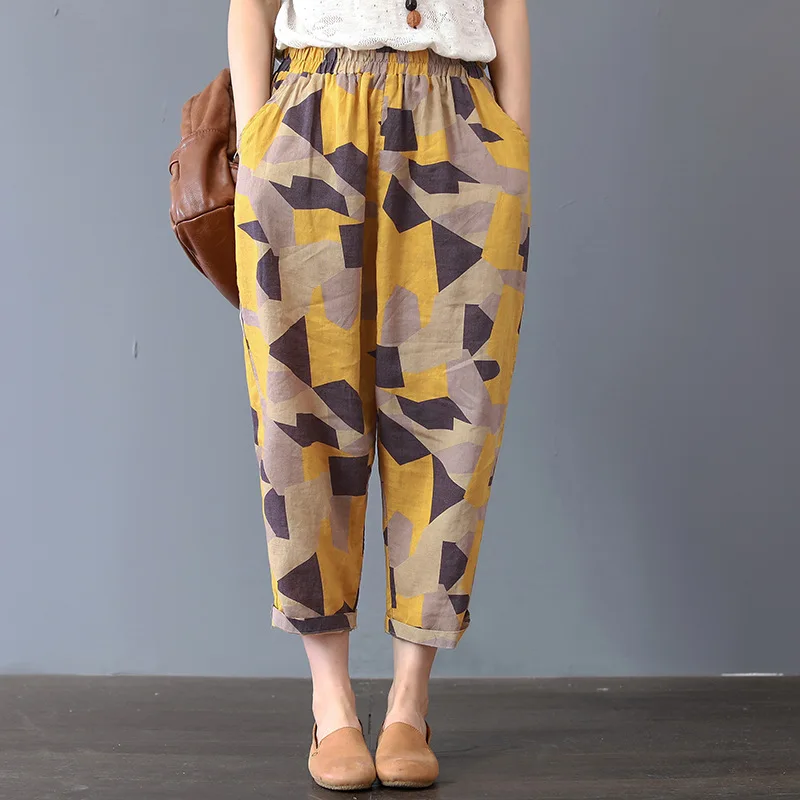 New Style Thin Breathable Artistic Retro Harem Pants Loose Cotton Printed Summer Women's High Waist Nine-Piece Trousers