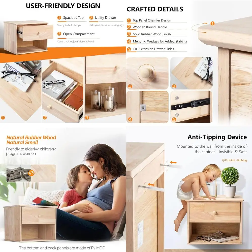

Набор из 2 прикроватных тумбочек из натурального дерева, компактные тумбы с ящиком и полкой, настенные тумбы для небольших помещений