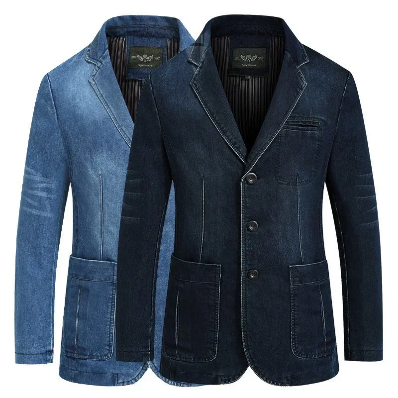 Brand Denim Jacket Men Autumn Blazer Jacket Slim Fit Military Jacket Single Breasted Turn-down Collar Jeans Coat Plus Size XXXXL