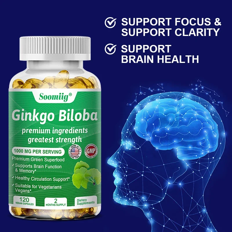 SOOMIIG Ginkgo Biloba Extract Supplement - for Brain Health, Cognitive Function, Focus, Memory and Stress Relief, Vegetarian