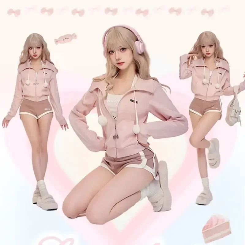 New Winter Japanese Kawaii Two Piece Set Women Pink Sweet Shorts Suit Female Korean Fashion Hooded Coat+Casual Shorts Tracksuit