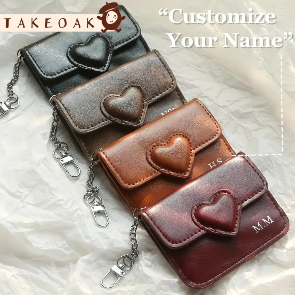 Custom Heart-Decor PU Leather Card Holder Personalized Name Print Mini Wallet With Chain Keyring Multi-color Small Coin Purse
