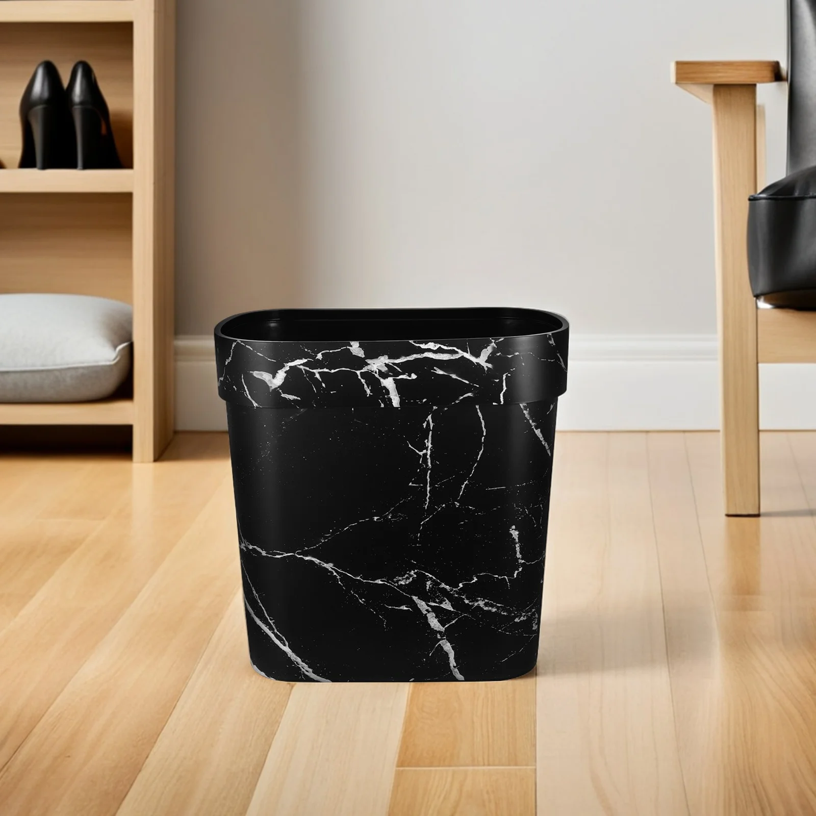 Marble Design Trash Can Oval Plastic Wastebasket Narrow Open Top Rubbish Container for Bathroom Kitchen Bedroom