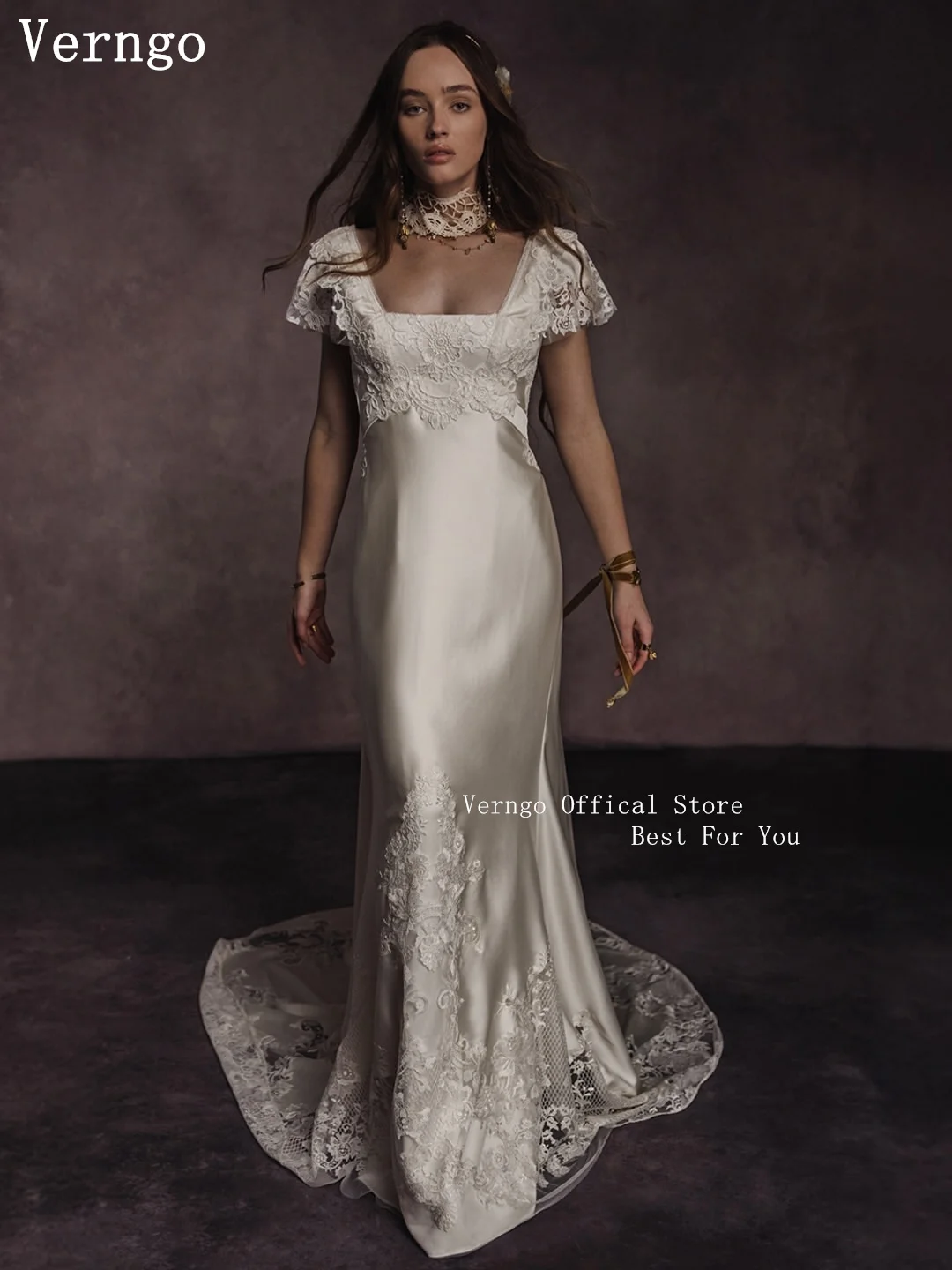 Picture 5: Verngo Luxury Satin Wedding Dress Square Collar A Line Short Sleeves Bridal Gowns Women Elegant Wedding Dress Customized