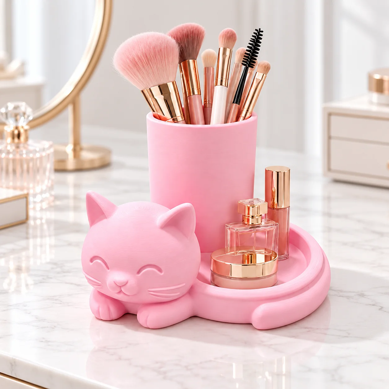 2-in-1 Cat-Shaped Pen Holder with Tray Storage, 3D Printed Pink Matte Versatile Texture, Multifunctional Desktop Organizer for Stationery, Makeup Brushes, Tall Holder for Brushes and Long Items, Tray for Storing Jewelry, Hair Clips, Paper Clips, Small Accessories, Clear Organization for Easy and Quick Access, Suitable for Office, Classroom, Dormitory, Bedroom, Dressing Table, Compact and Space-Saving, Versatile Desktop Style, Cute Desktop Decoration and Storage, 2-in-1 Useful Item