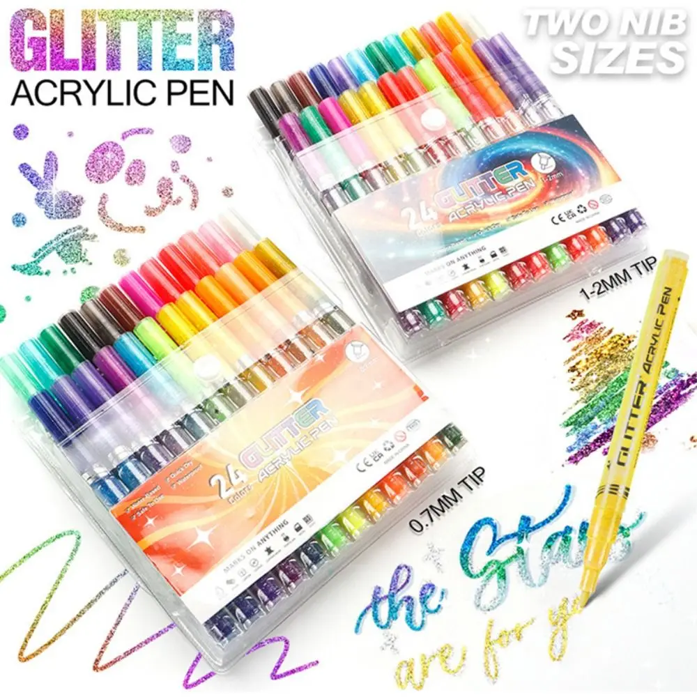 

12/24Colors Glitter Pen Quick-Drying Water-Based Acrylic Pen Set DIY Graffiti Drawing Art Markers Pen Stone Wood Calligraphy