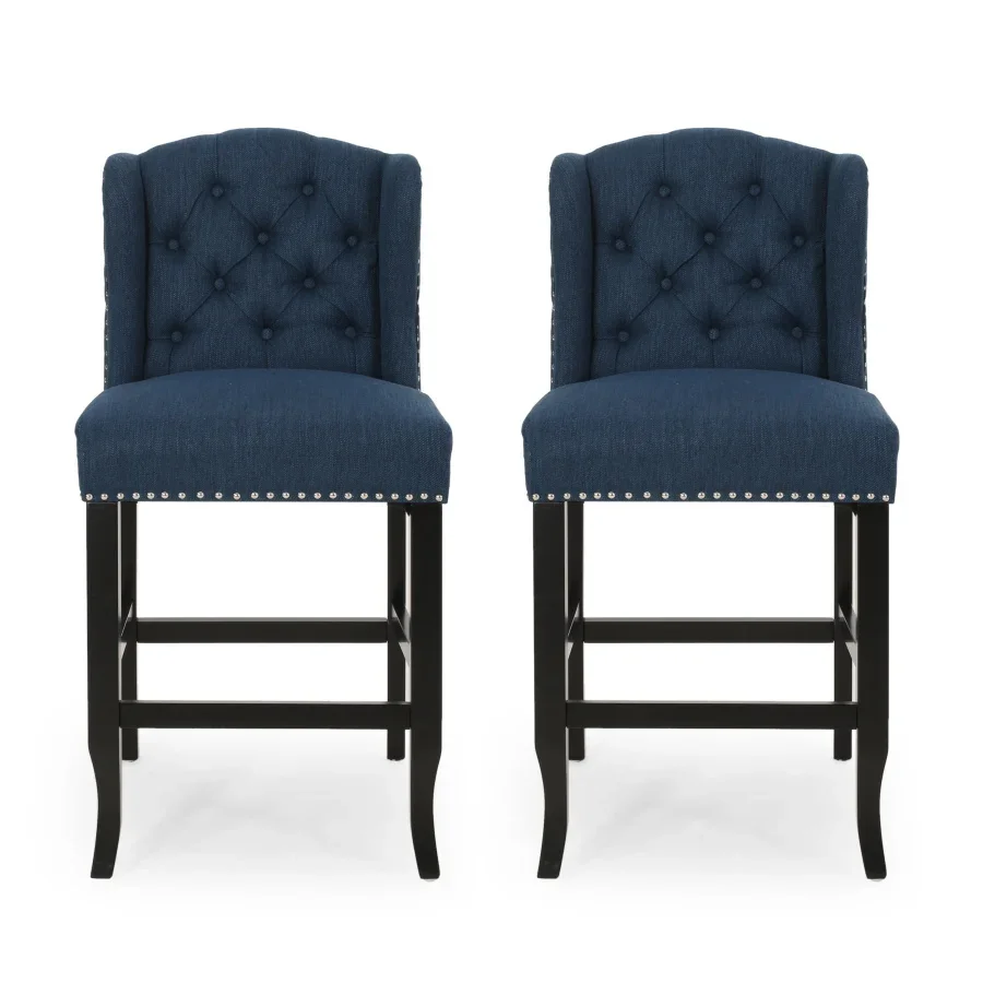 Vienna Contemporary Fabric Tufted Wingback 27 Inch Counter Stools, Set of 2, Navy Blue and Dark Brown