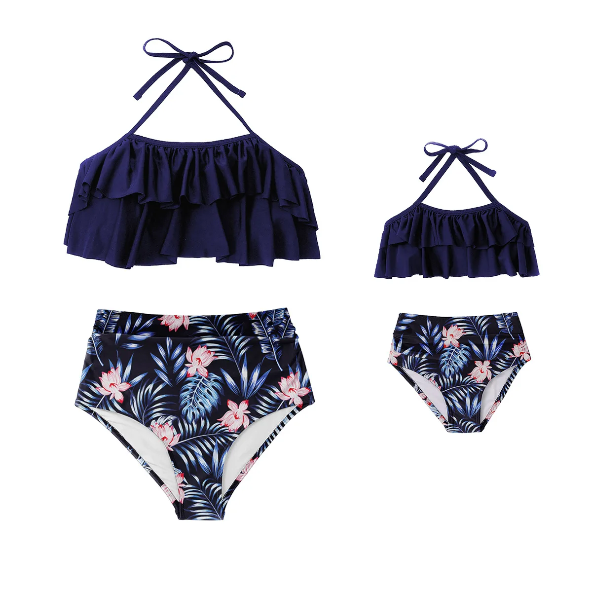 Family Matching Swimsuit High Waist Bikini Ruffle Edge Mother and Daughter Swimsuit Father and Son Swim Trunks Shorts