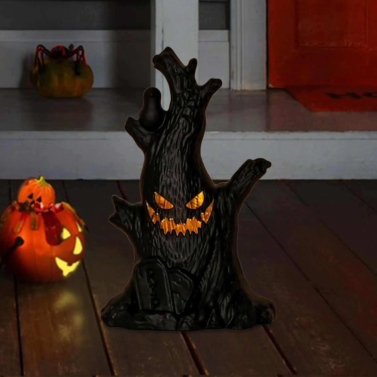 Halloween Ghost Tree Stump Lighted Ornament Versatile Collectible Cute Lightweight for Home Table Plastic Sculpture 10x7.5x16cm