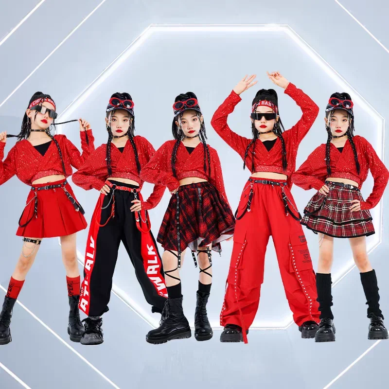 Crianças hip hop jazz calças conjuntos de roupas vermelhas crianças streetwear k-pop trajes meninas lantejoulas colheita hoodies saia de dança de rua