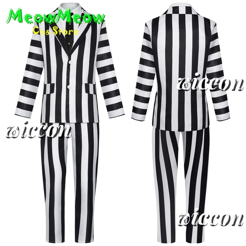 Anime Cosplay Beetle2Juicee Men Black and White Striped Suit Scary Halloween Costumes Wig Tie Shirt for Cosplay Party