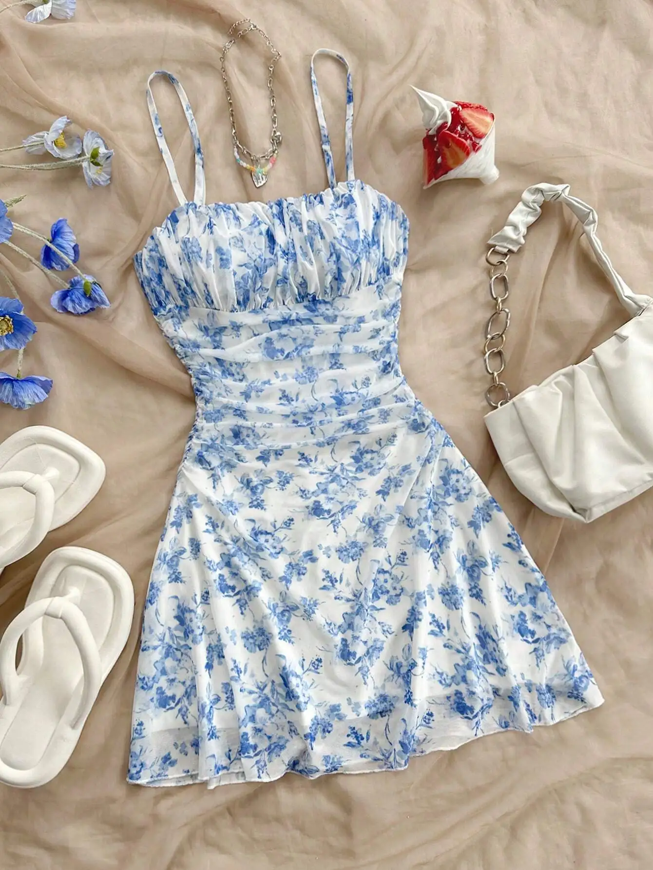 

Blue & White Floral Ruched Cami Dress with Thin Straps, A-Line Mini for Summer Vacation