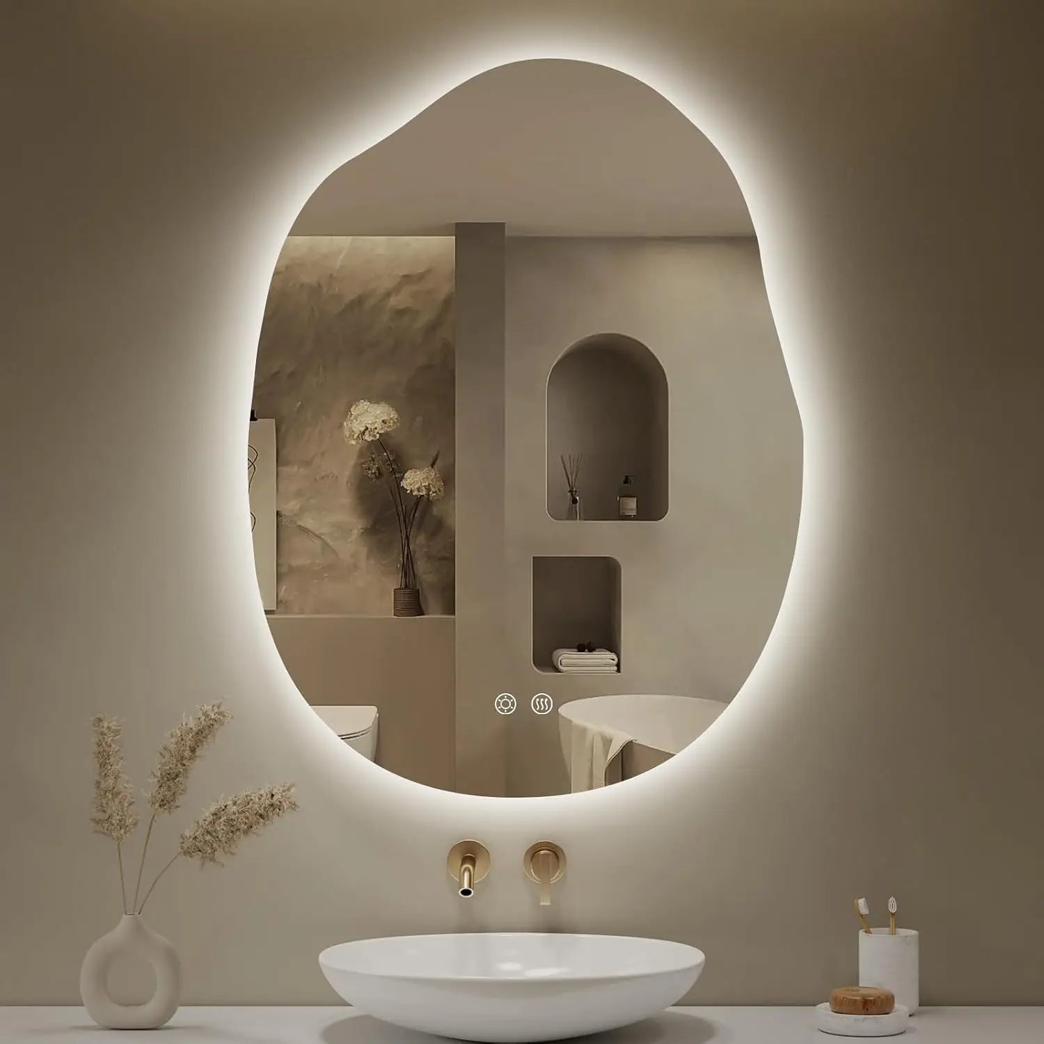 Irregular Backlit Mirror Bathroom 24 Inch 32 Inch Led Bathroom Fogless Dimmable 3 Color Memory Touch Sensor Frameless Shatterpro