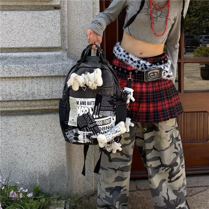 Women Patchwork Backpacks Letter Black Fashion School Bag Large Capacity Bone Y2k Denim Backpack Harajuku Students Book Bags