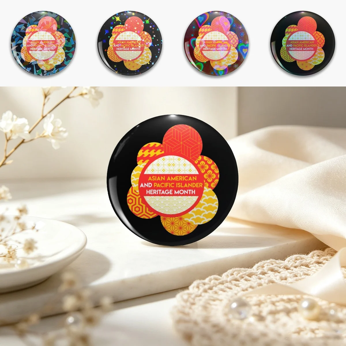 Asian American and Pacific Islander Heritage Month Pin Holographic Star Heart Pin Brooches Laminated Button Fashion Accessory