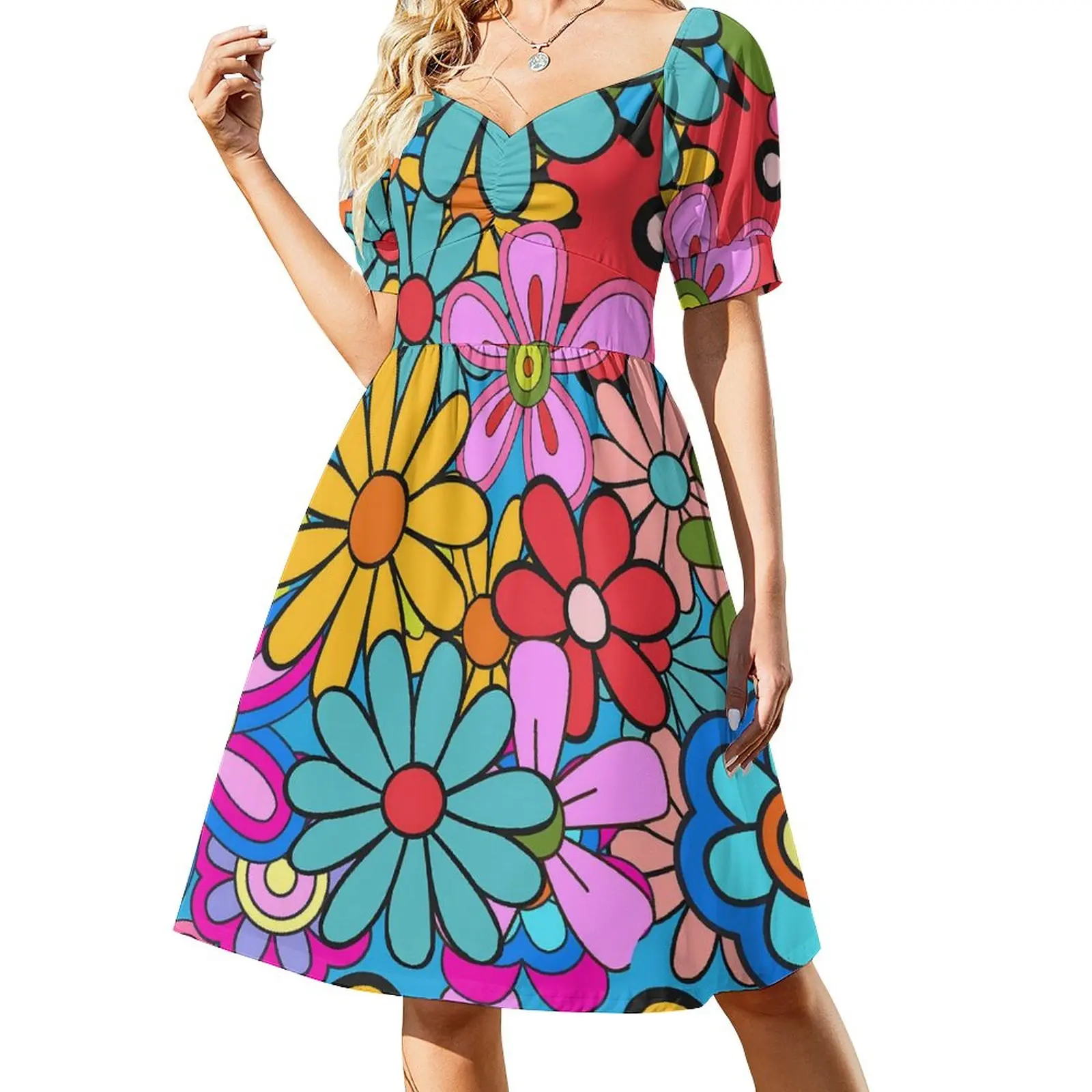 

Flower Power Dress Sexy V Neck Retro 60s 70s Kawaii Dresses Female Street Wear Printed Oversized Casual Dress Gift Idea