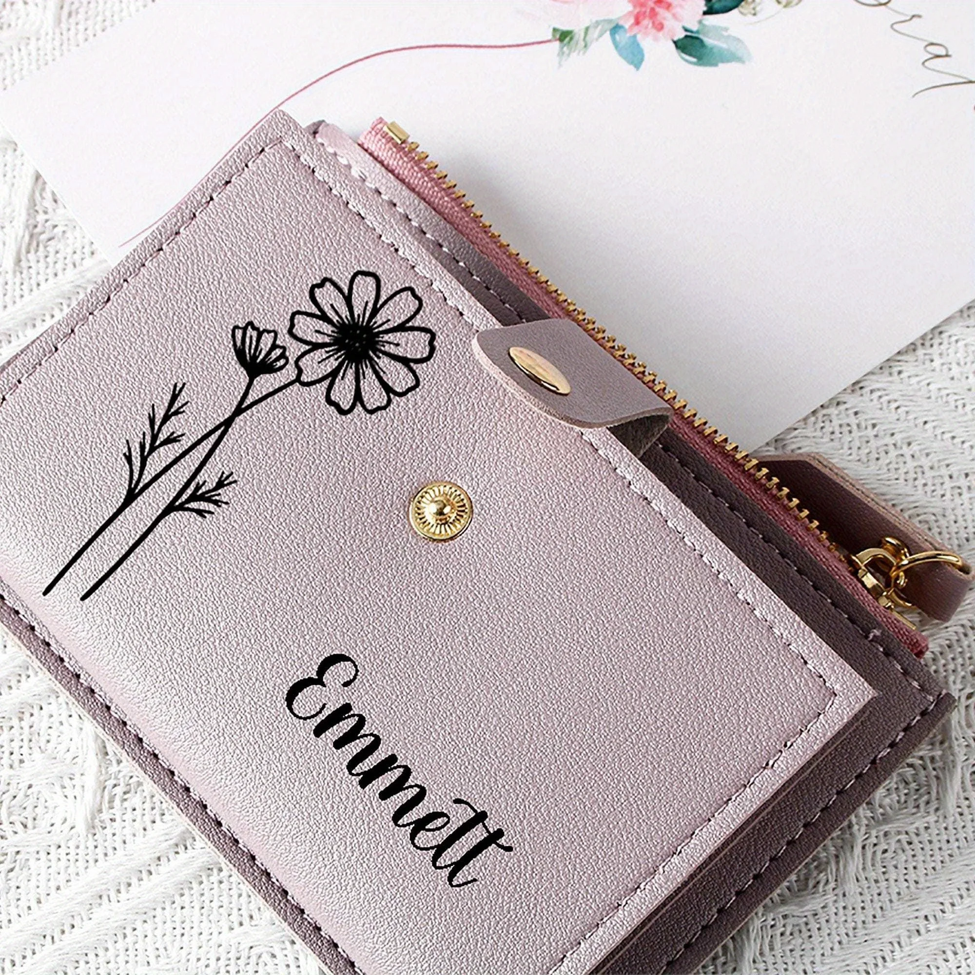 Personalized Name Women PU Leather Female Wallets Custom Birth Flower Mini Solid Multi-Cards Holder Coin Short Purse Zipper Hasp