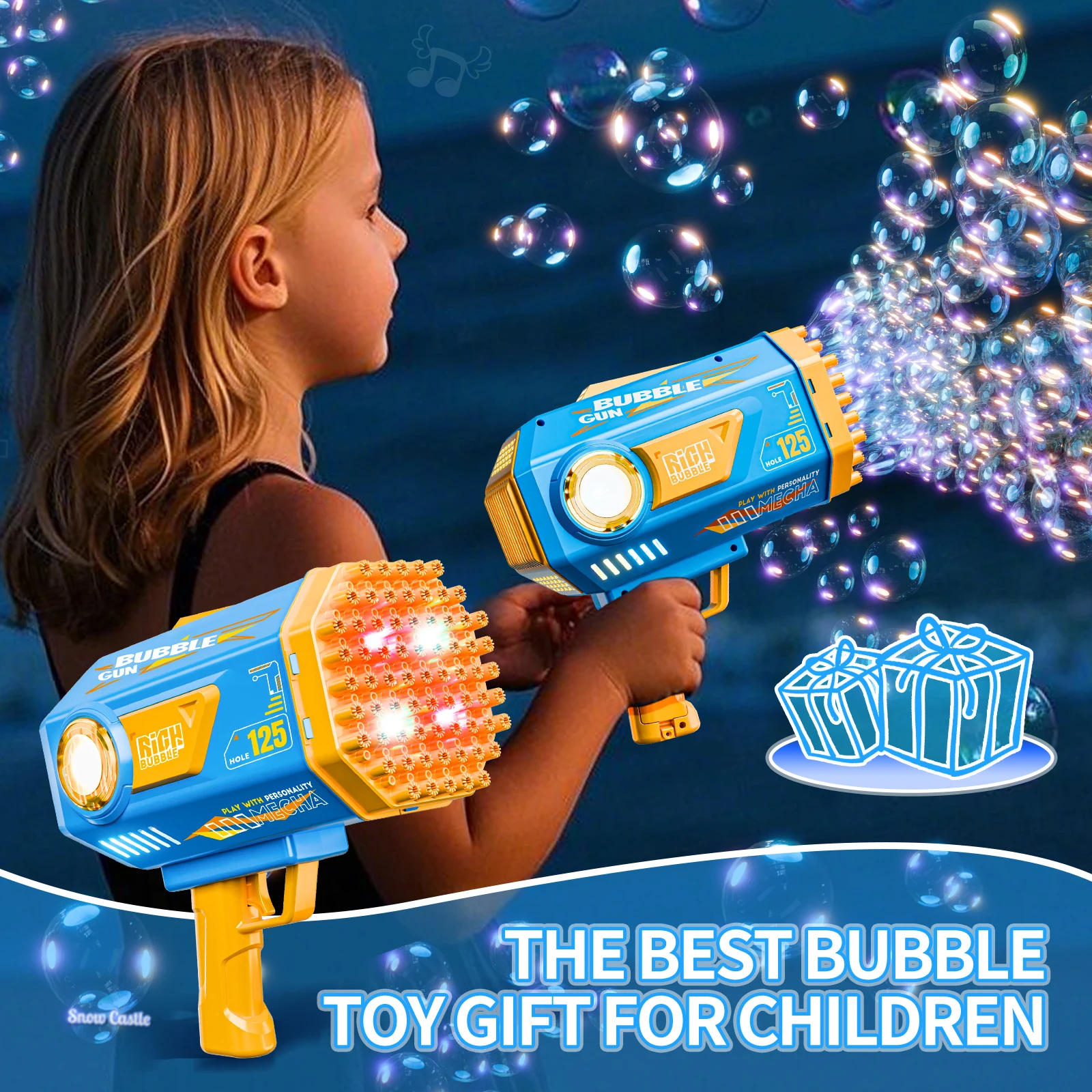 Machine à bulles 125 trous, souffleur de bulles portatif électrique automatique, pistolet à bulles, jouet cadeau d'anniversaire et de noël pour fête