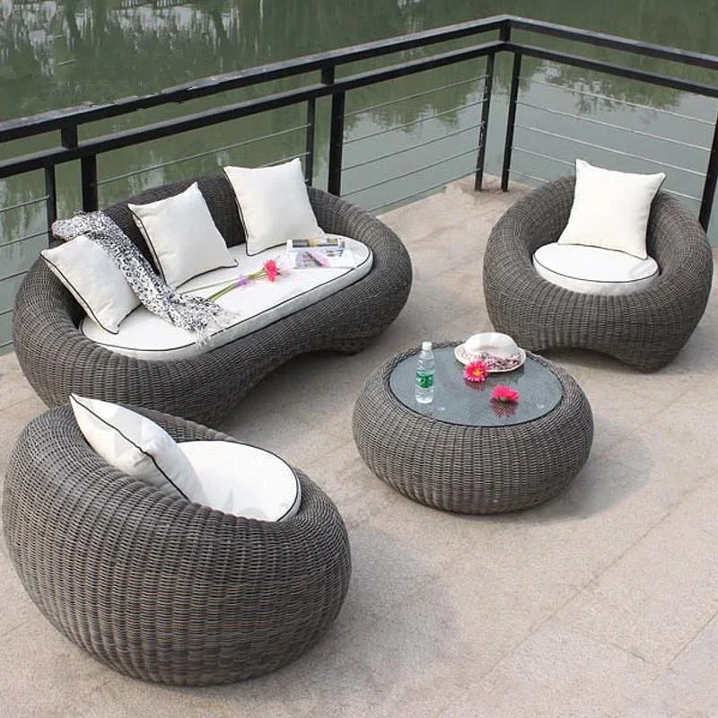 Nordic Minimalism Rattan Chair Sofa Outdoor Courtyard Gazebo Sofa Creative Weaving Design Simple Style Recliner Sofa Tea Table