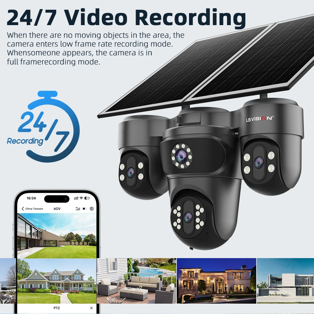 20MP 12X Optical Zoom 4G AOV Solar Camera Three PTZ Lens 4-Screens 24/7 Recording Auto Zoom Tracking Security Cameras