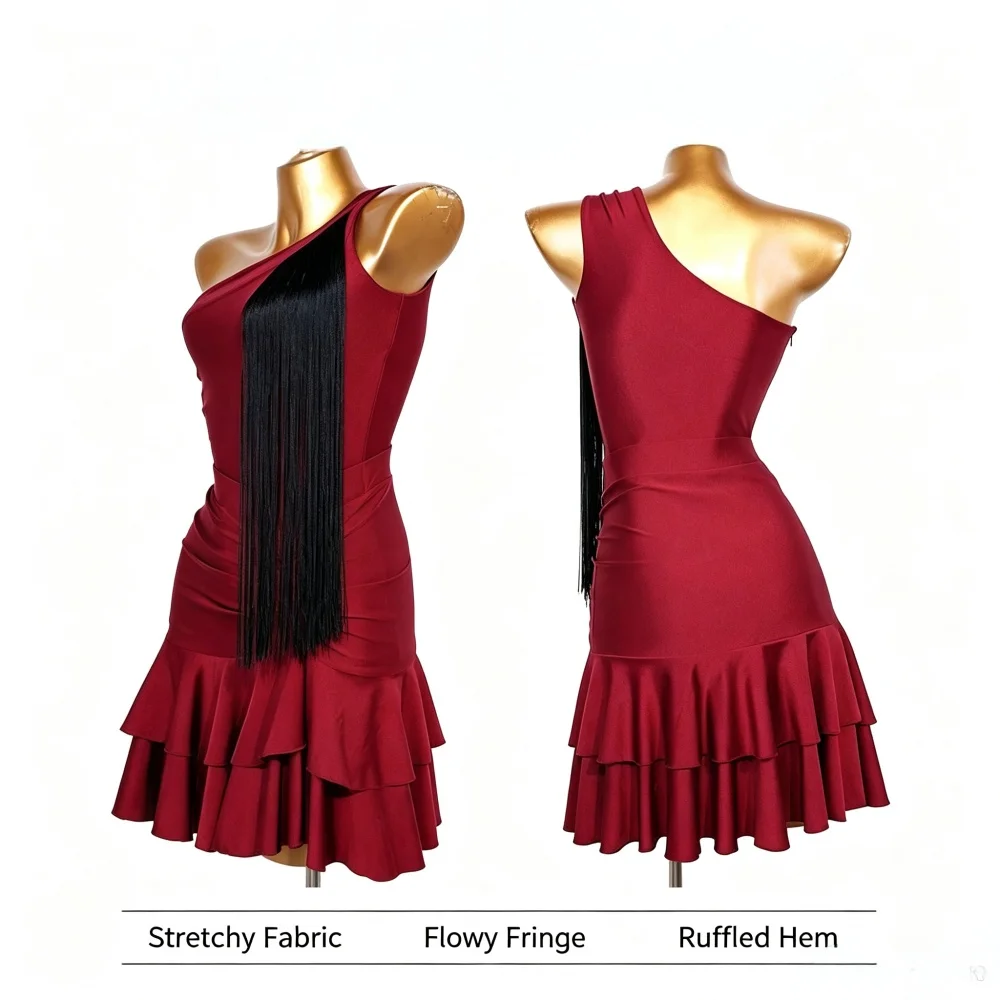 Women One Shoulder Latin Dance Dress Black Tassel Ruffle Skirt Stretch Salsa Tango Cha Cha Competition Performance Dancewear