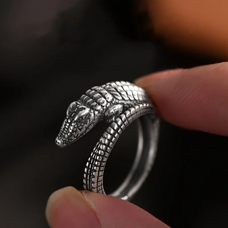 

New Creative Retro Cute Animal 925 Sterling Silver Jewelry Personality Crocodile Exquisite Evil Fish Opening Rings R034