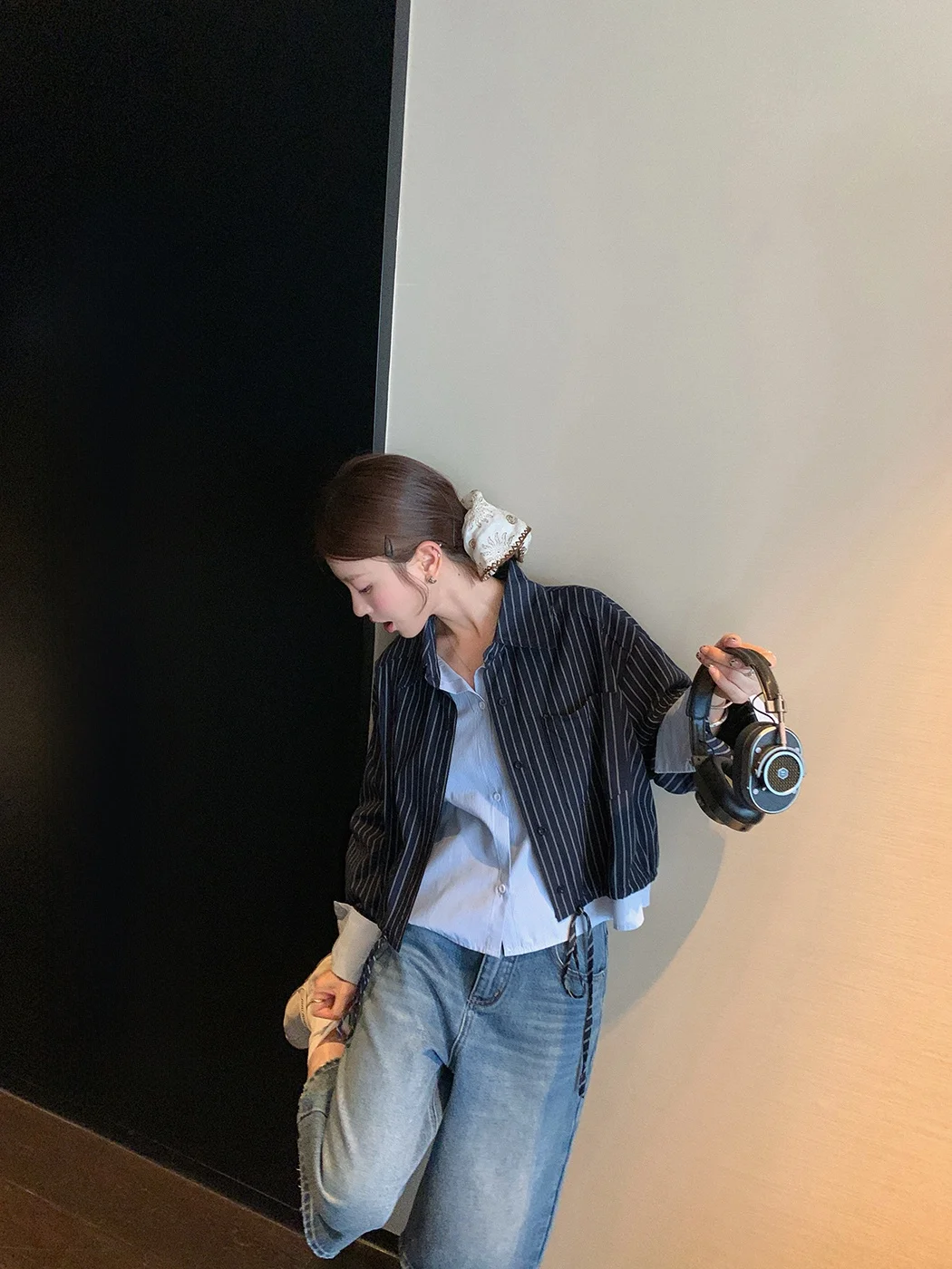 

Женская дышащая рубашка из чистого хлопка Zhang Beibei, свободного кроя, с воротником-стойкой, имитация двухслойного дизайна...