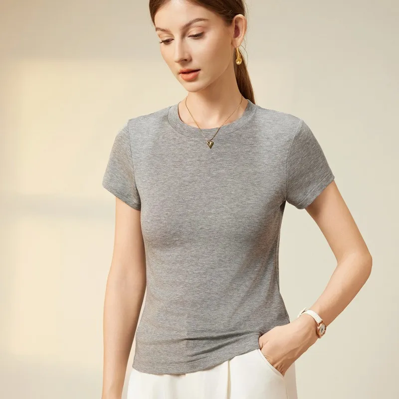 Neue Ankunft Weiche runde Ne frauen T-shirt Frühling Sommer Acetat Wolle Mischung Slim Fit Pendeln Sle ort Sve Reine Farbe