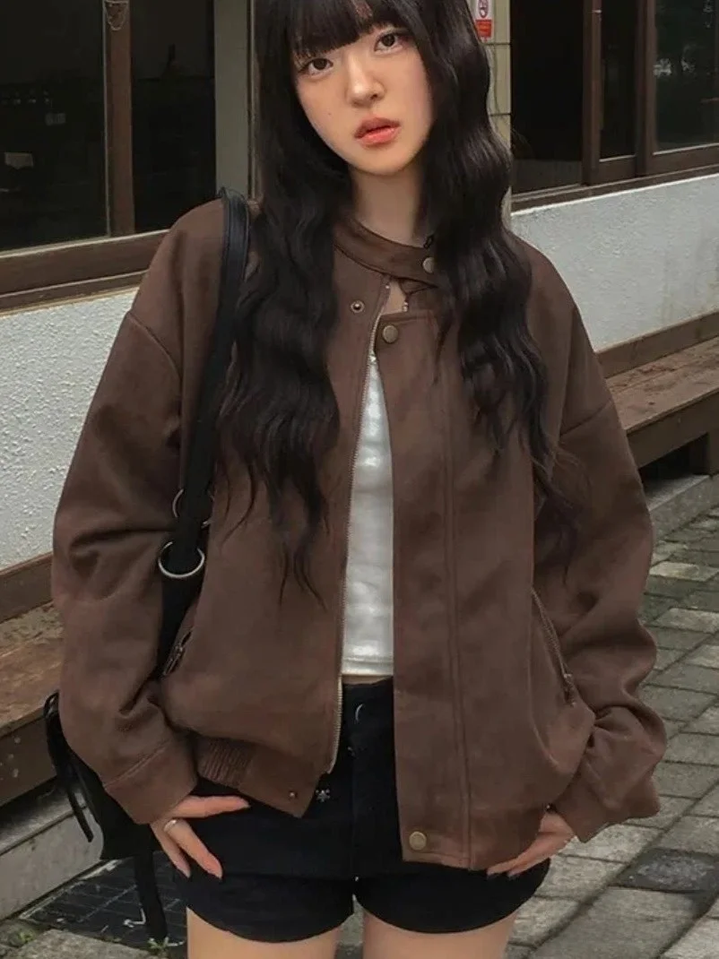 Street Style Retro Suede Zipper Biker Jacket Women's Spring Casual Versatile Short Outerwear Trendy Korean Fashion