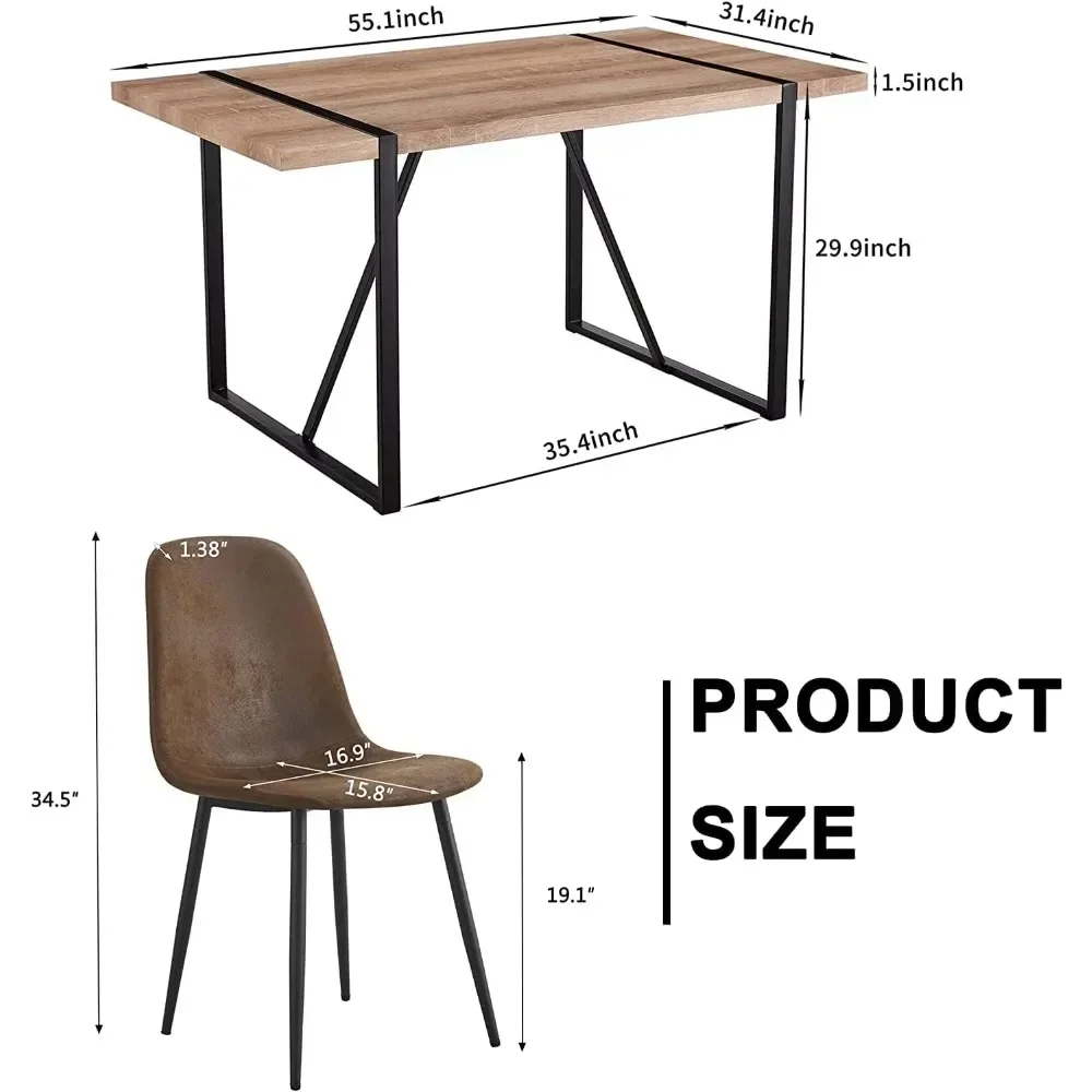 5 Piece Dining Table for 4 People, 55 Inch Rectangular Kitchen Table with Wooden Top and Metal Frame, 4 Fabric Chair Set