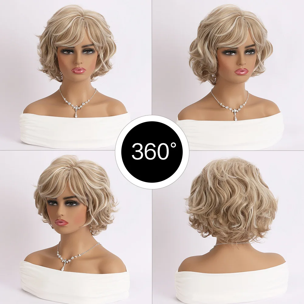 Synthetic Hair Short Ombre Bob Wigs For Women Straight Curly Wig With Bangs Natural Grey Wig Daily Party Use Heat Resistant Wig