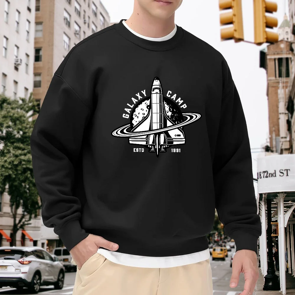 

Men's Black Crew Neck Loose Sweatshirt with Spaceship Print, American Street Style Casual Pullover, Versatile and Comfortable for Everyday Wear