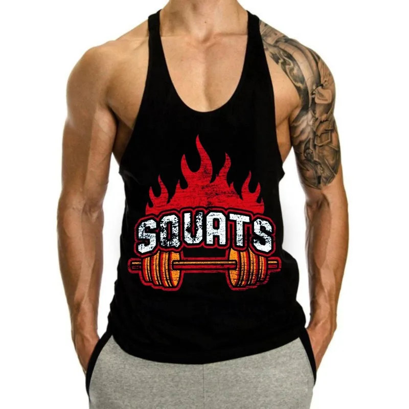 Men's Summer Tank Tops Male GYM Clothing Y2K Squats Print I-shaped Vest 100％ Cotton Fitness Muscle Sleeveless Shirt Sportswear