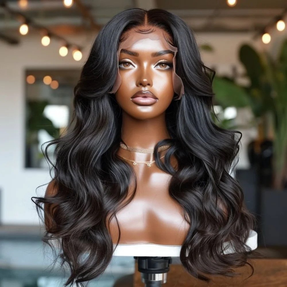 

26-дюймовый черный синтетический парик с эффектом Body Wave, 180% плотность, без клея, с длинными прядями, 13*4*1, с кружевной передней частью, для женщин, с детской прядью, предварительно снятая линия роста волос, для повседневного использования
