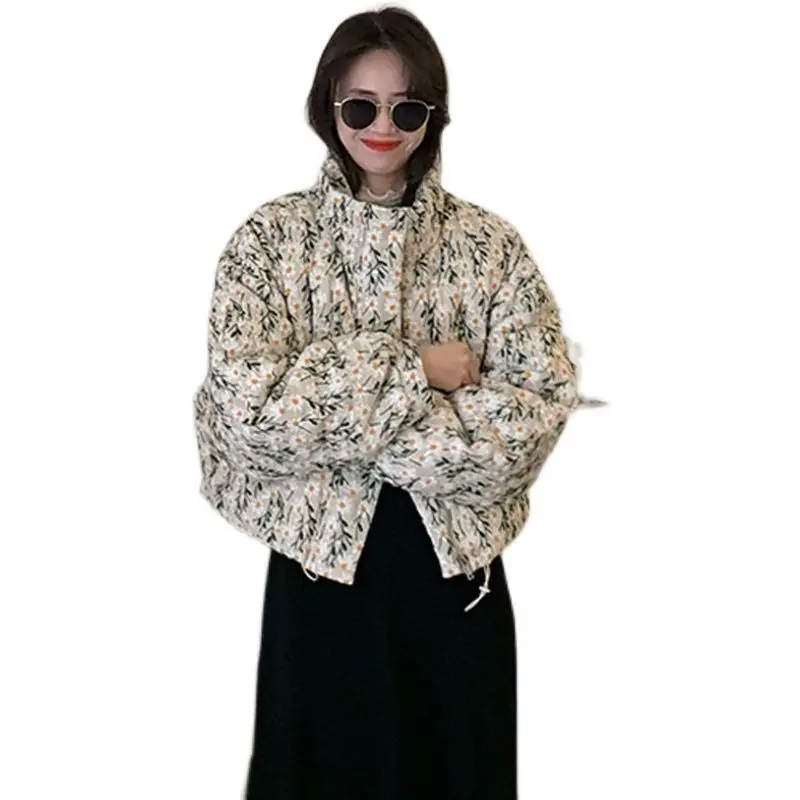 Korea Floral Printing Winter Clothes Women Stand Collar Zipper Loose Quilted Coat Korean Fashion Thick Warm Long Sleeve Top