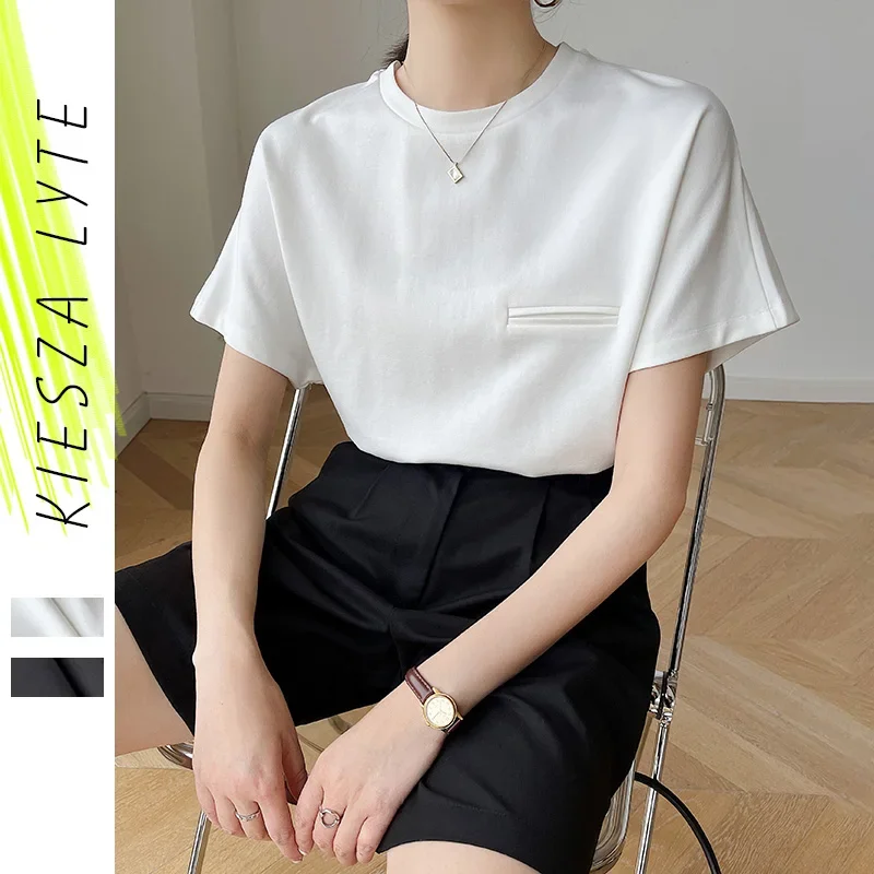 2024 summer new T-shirt women simple pocket loose round collar white fashion all-match short sleeve blouse tees