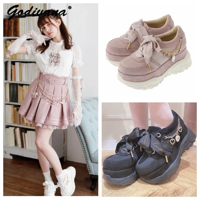 Japanese Style Trendy Liz Sweet Rhinestone Love Chain Cute Platform Mine Series Women s Ribbon Bow Sneakers Girls Sports Shoes