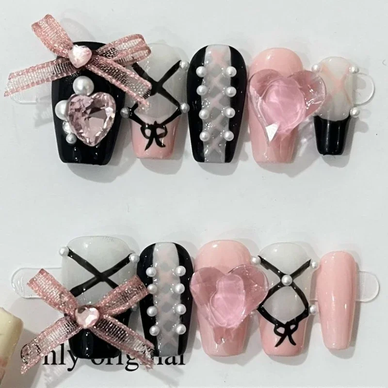 10pcs Black Edge French Press on Nails Wearable Pink Med-length Ballet False Nail Love Pearl Bow Design Full Cover Nail Tips Art