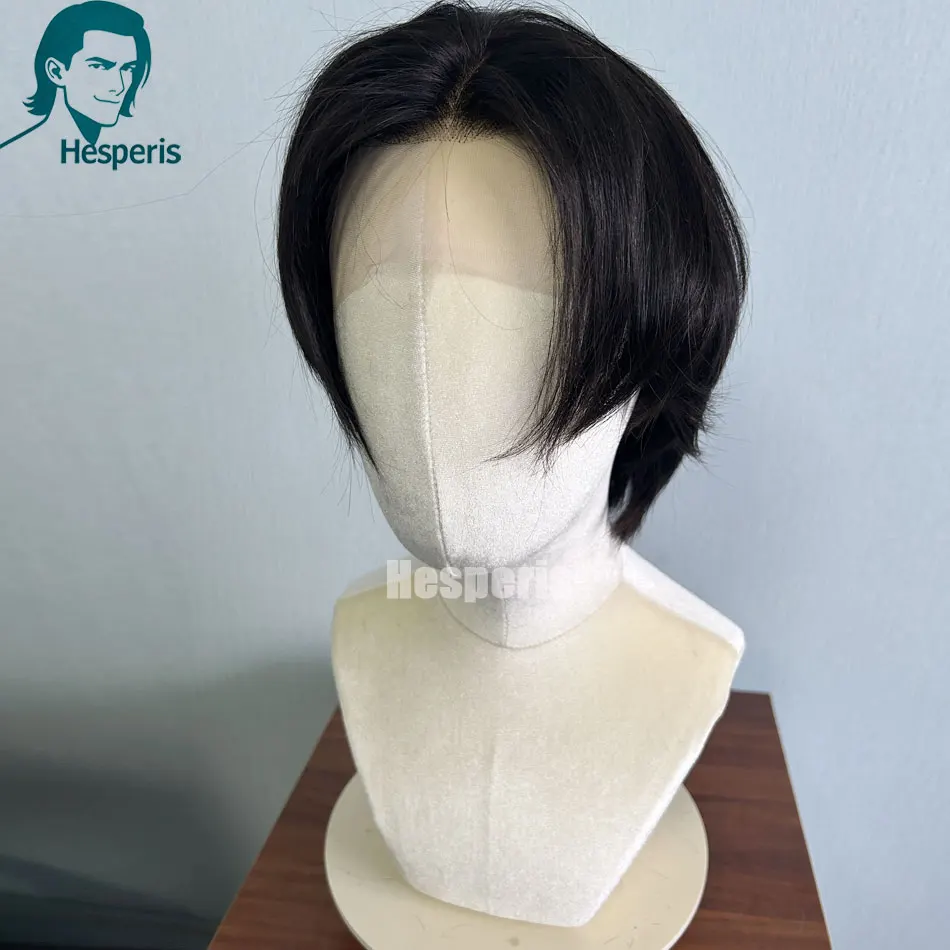 Hesperis Natural Color Glueless Human Hair Men's Wig Short Pixie Style Lace Front Wig with Bangs Pre-Plucked
