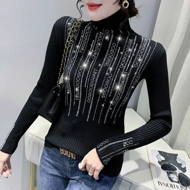 Hot Drill TurtleNeck Women\'s 2022 Autumn Winter New Interior Long-sleeved Sweater Versatile Knit Top Oversized Sweater