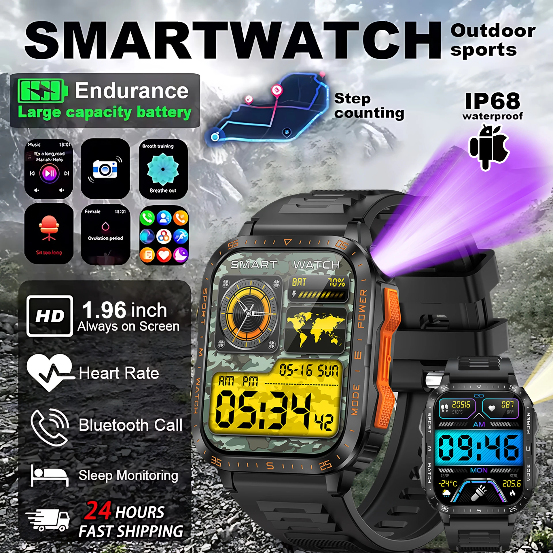 

GPS уличные военные умные часы для мужчин Bluetooth вызов светодиодный фонарик УФ-свет IP69K 5ATM водонепроницаемые умные часы для плавания для Android