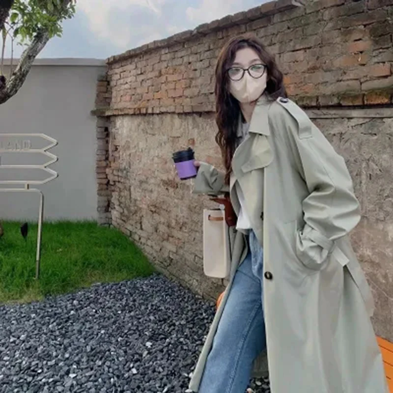 

Женский корейский элегантный длинный плащ, весна-осень, свободная повседневная куртка с длинными рукавами, уличная офисная верхняя одежда в стиле Харадзюку Y2K