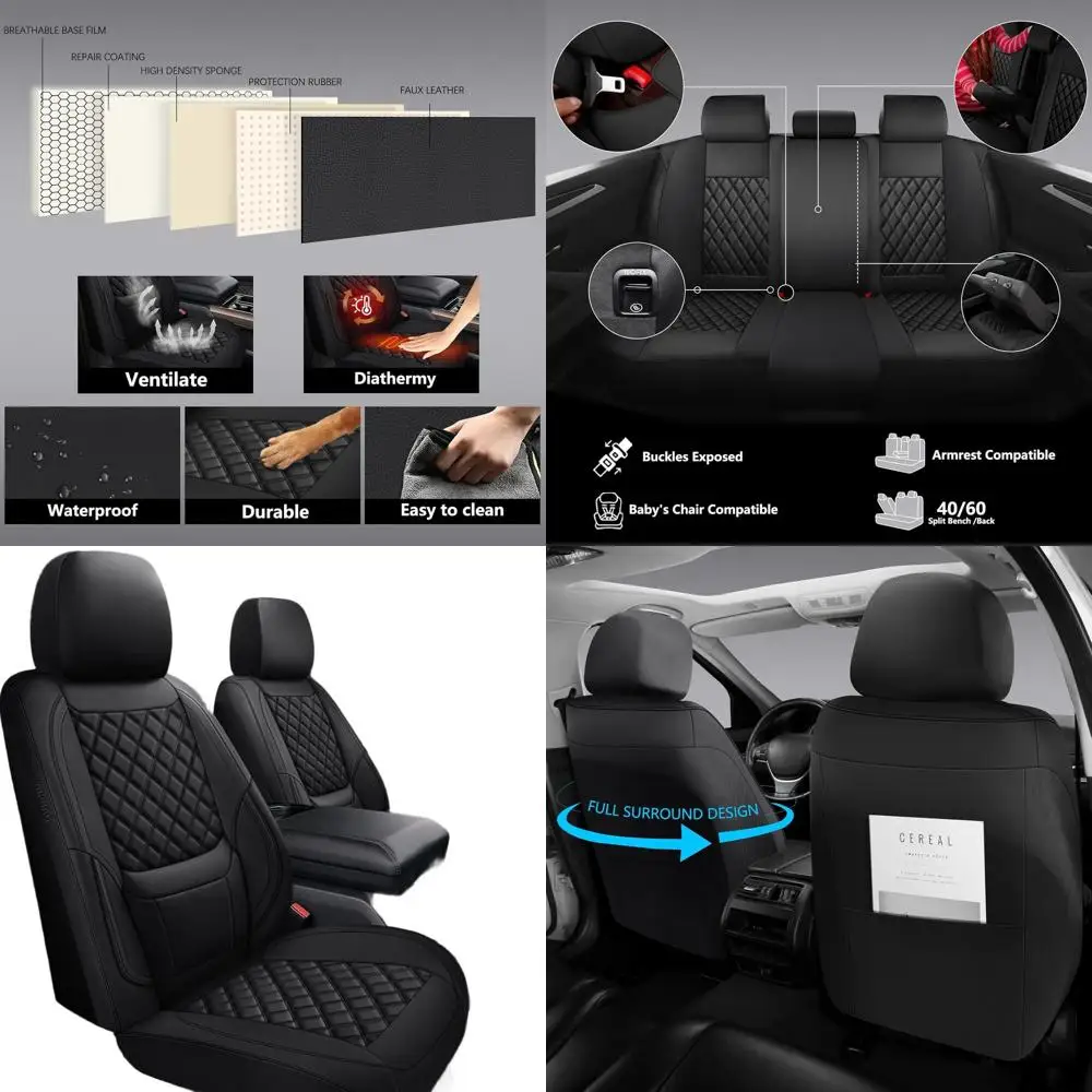 

Universal 5-Seat Car Seat Cover Set, Faux Leather, Waterproof, Airbag Compatible for Cars, SUVs, Trucks, Sedans - Black