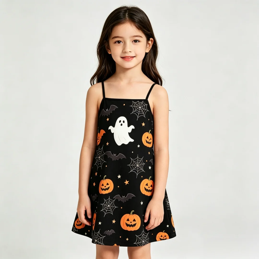 2026 Summer Girls Thin Strap ALine Dress Halloween Pumpkin Ghost Bat Spider Web Print Casual Outfit for Holiday Party Daily Wear