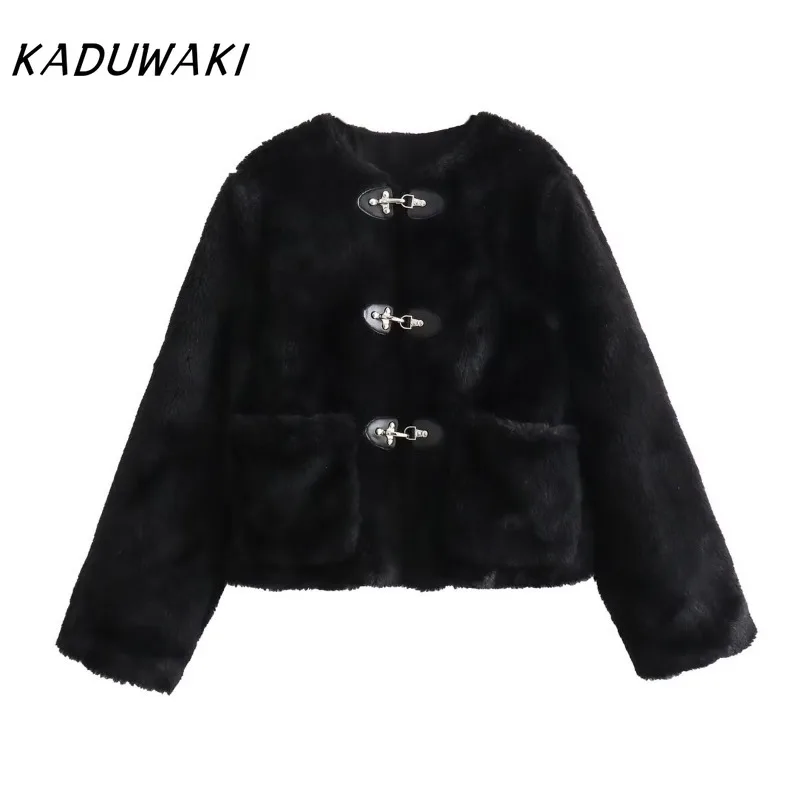 

KADUWAKI американские ретро зимние элегантные пальто с эффектом искусственного меха шикарные однобортные теплые флисовые куртки с круглым вырезом и длинными рукавами с карманами