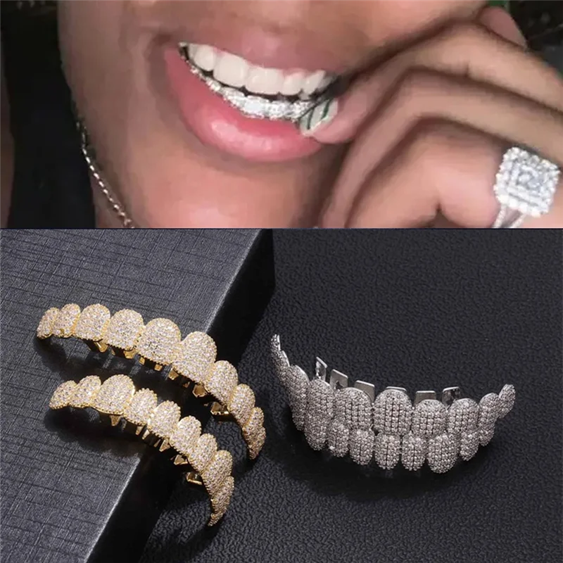 Iced Out CZ Stone Teeth Grillz Top Bottom Zircon Tooth Caps For Women Men Jewelry Party Gift 10/10 Silver