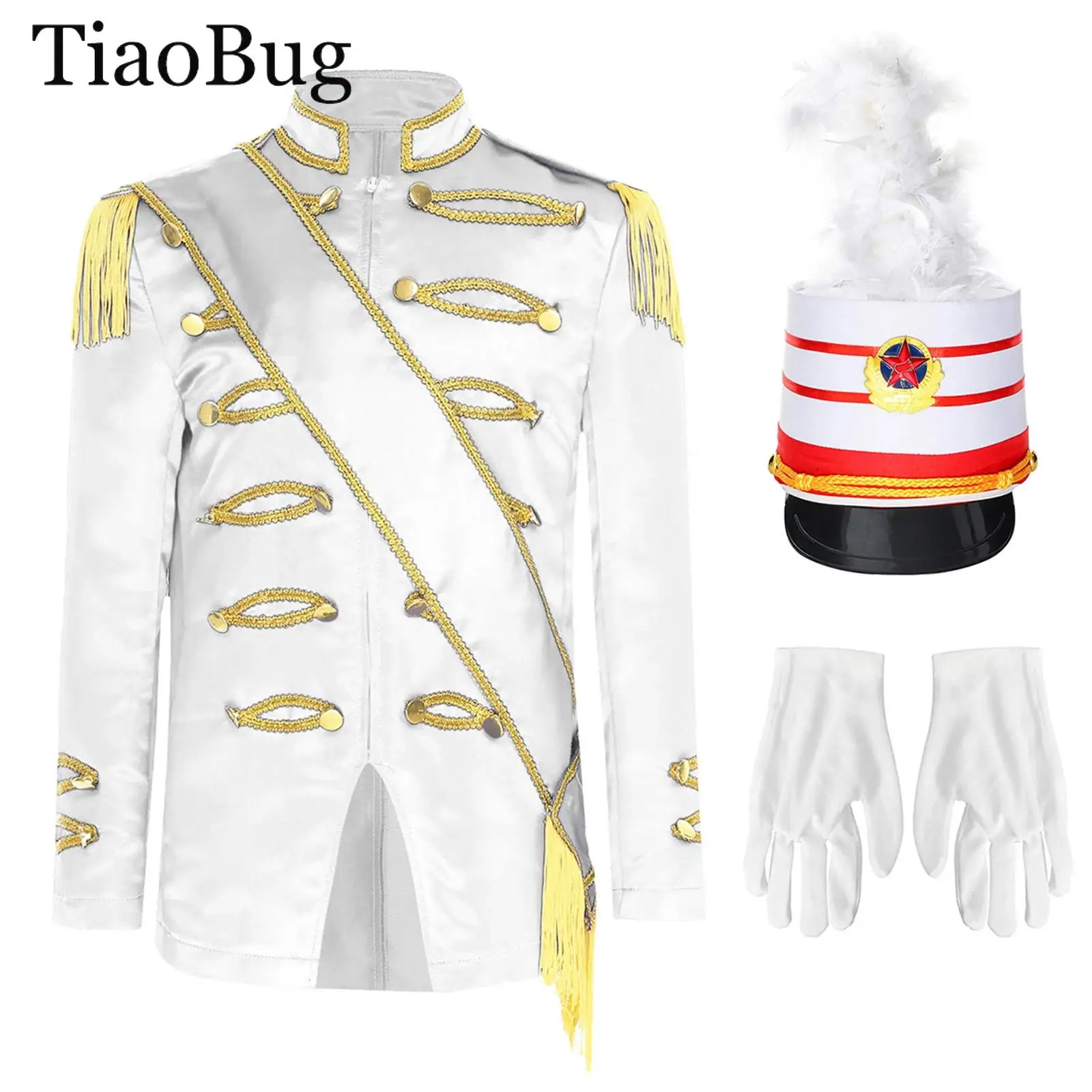 

Boys Drum Major Team Uniform Marching Band Tassel Circus Ringmaster Jacket Coat Sash Hat Glove Halloween Nutcrackers Costume Set