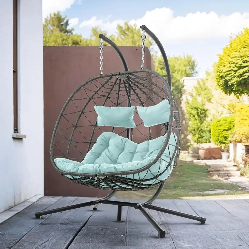 Highly Recommended-2 Person Double Egg Swing Chair With Stand Indoor Outdoor, Hammock Swing Chair Foldable Hanging Chair, Patio