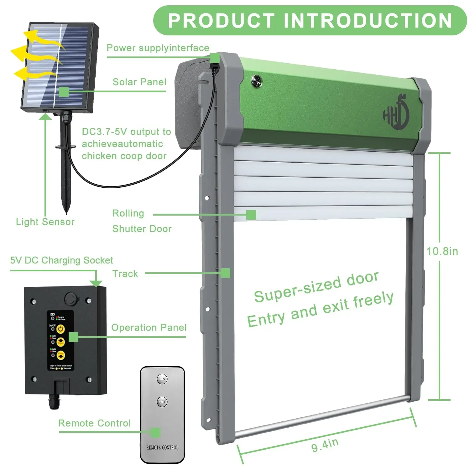 Auto Chicken Coop Door Solar Powered Chicken Door with Timer / Light Sensor / Manual Mode Aluminum Alloy Automatic Chicken Door