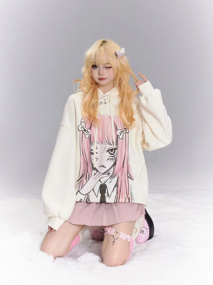 Japanese Style Subculture 2D Kawaii Cartoon Girl Print Loose Casual Long Sleeve Anime Hoodies Oversized Sweatshirts Women Winter